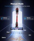 Cordless stick vacuum cleaner in rave red; 4-in-1 lightweight, adjustable suction, up to 40 minutes runtime.
