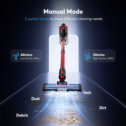 Cordless stick vacuum cleaner in rave red; 4-in-1 lightweight, adjustable suction, up to 40 minutes runtime.