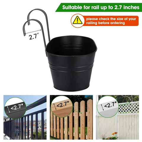 Black metal planter with detachable wide hooks fits 2.7 inch railings, part of the Three Pack 16 Inch Railing Planter Boxes set.