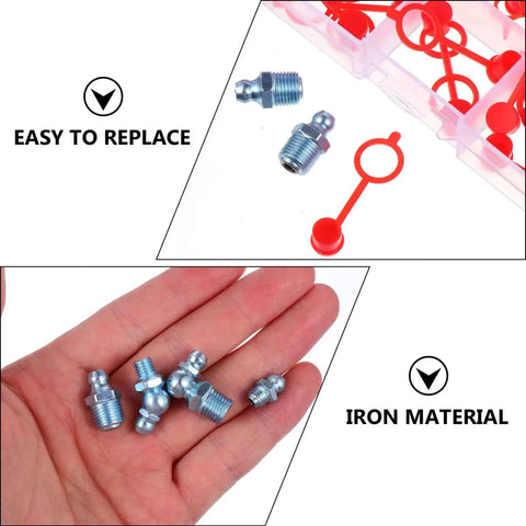 Huge 100 Pack Assorted Iron Grease Nipples With Pe Covers For Tough Hydraulics Wear Resistant Zerk Fittings Kit Super Easy Install For Cars And Work Shop Repairs, iron fittings in hand
