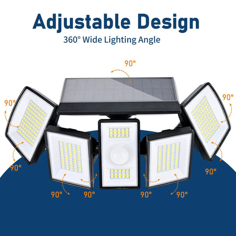Outdoor Solar Flood Light With Motion Sensor, 5 Heads, 300 LED, 360 Degree Wide Beam showing adjustable design
