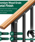 Close-up of Heavy Duty 3 Step Outdoor Hand Rails For Stairs And Deck Rustproof Metal Build With Natural Wood Grain Finish.