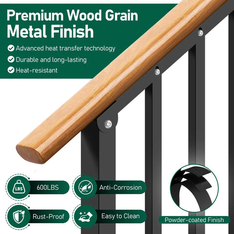 Close-up of Heavy Duty 3 Step Outdoor Hand Rails For Stairs And Deck Rustproof Metal Build With Natural Wood Grain Finish.