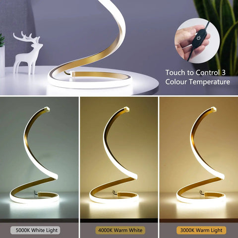 Dope Spiral LED Desk Lamp With Dimmable Three Color Temperatures Touch Control Minimalist Modern Gold Finish 13 Inch Tall By 7.3 Inch Diameter Perfect Bedside Or Office Decor showing lighting options.