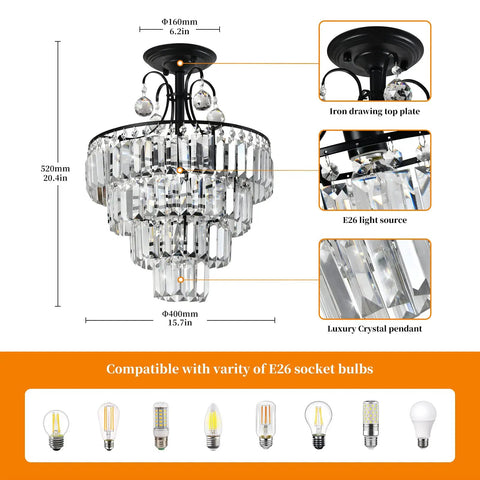 Dope Modern Crystal Chandeliers With 4 Lights And Included Bulbs Chandelier Light Fixture For Living Room Dining Hallway Bedroom Black Finish Easy To Install 15.75 By 20.5 Inches with detailed components view