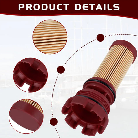 Close-up of Go To Fuel Filter Replacement for Mercury MerCruiser Mariner Outboards; detailed views of filter components.