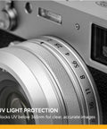 Close-up of camera with NC UV Silver Frame Lens Protector Filter for Fujifilm X100 Series, Ultraviolet UV Protection on lens.