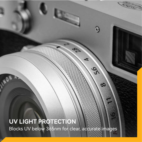 Close-up of camera with NC UV Silver Frame Lens Protector Filter for Fujifilm X100 Series, Ultraviolet UV Protection on lens.