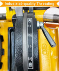 Top Shelf 220 Volt Electric Pipe Threader And Cutter Machine Featuring Kickass Bspt And Npt Die Sets For Effortless One Half To 4 Inch Pro Grade Metal Job Work: close-up of threading dial and metal pipe fitting.