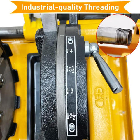 Top Shelf 220 Volt Electric Pipe Threader And Cutter Machine Featuring Kickass Bspt And Npt Die Sets For Effortless One Half To 4 Inch Pro Grade Metal Job Work: close-up of threading dial and metal pipe fitting.