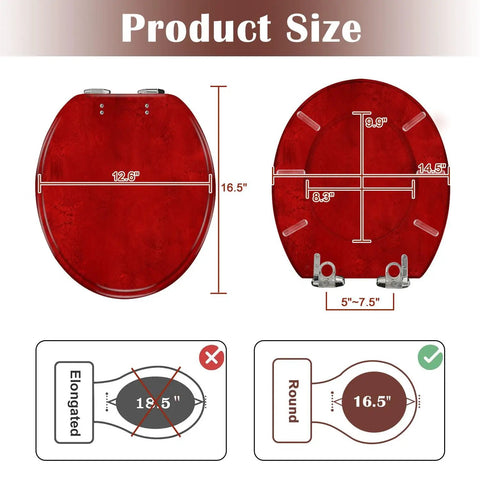 Product size chart for Round Bright maroon deep red colored cracked effect wall Toilet Seat, showing dimensions and shape.