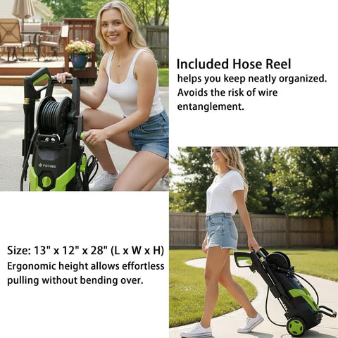 Person using 4500 PSI Pressure Washer with 4 Quick Connect Nozzles Inlet Hose and Foam Cannon in a backyard setting