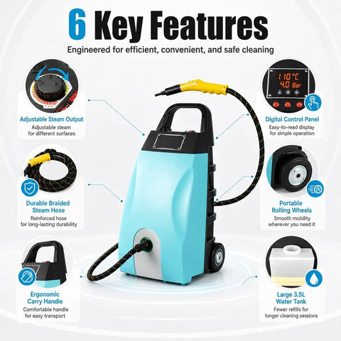 Portable Heavy Duty Steam Cleaner Machine 3000W Power That Hits Hard And Fast At 150 Degrees Celsius To Blast Away Grease Grime And Dirt From Every Crevice In The House With Ease And Speed, featuring digital control panel and ergonomic handle.