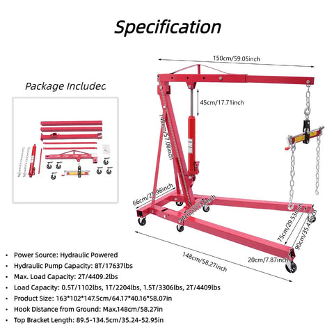 Specification of Heavy Duty Two Ton Foldable Engine Hoist With Adjustable Cherry Picker Crane Boom and Six Tight Turning Casters.