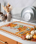 Autumn Thanksgiving Dish Drying Mat Must Have For Kitchen Counter Orange Pumpkin Pattern With Sage Green Wood Grain Finish 18 X 24 Inches Absorbent Microfiber Cushioned Pad For Dishes Glassware Utensils Machine Washable on kitchen counter with dishes