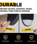 Rugged Boot Toe Protector Adhesive for Shoes and Work Boots, showing before and after application on black shoe.
