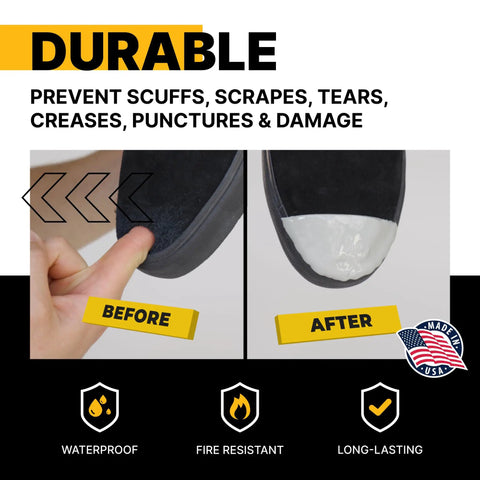Rugged Boot Toe Protector Adhesive for Shoes and Work Boots, showing before and after application on black shoe.