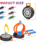 Rad Transforming Stunt Tire Race Track Kit For Kids 4 To 8 with tire packaging and setup with cars shown.