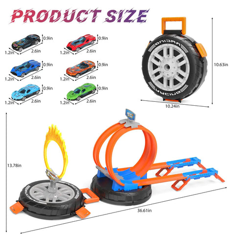 Rad Transforming Stunt Tire Race Track Kit For Kids 4 To 8 with tire packaging and setup with cars shown.