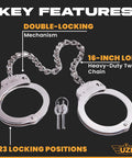 Real Deal Stainless Steel Leg Irons With 16 Inch Twist Chain Double Lock Restraints Police Grade Shackles showing features and keys.