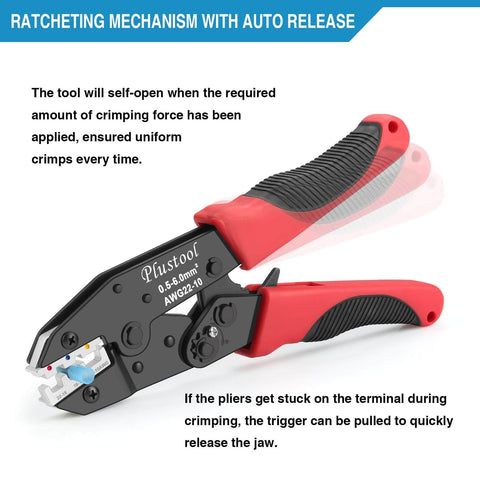 6 Piece Ratcheting Crimping Tool Set For Wire Crimping With Pro Grade Performance showing ratcheting pliers with auto release