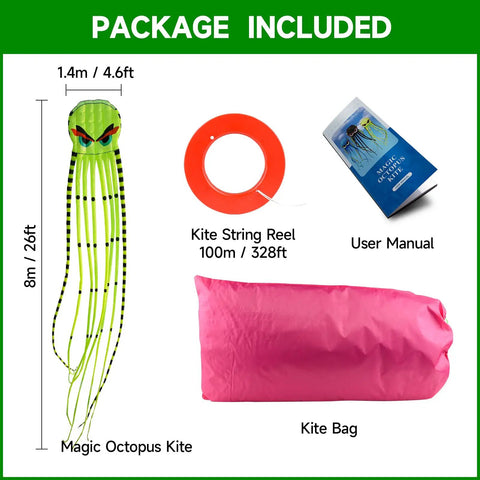 Totally Ultra Large 26ft 3D Octopus Foil Kite With 1000D String set with kite, string reel, manual, and kite bag