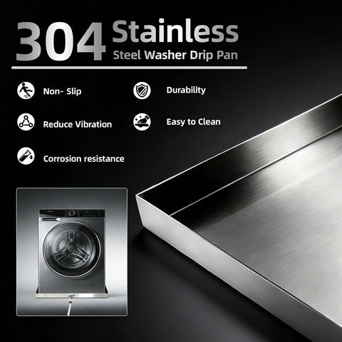 32 By 30 By 2.5 Inch Heavy Duty 304 Stainless Steel Washing Machine Pan With Drain Hole And Hose Adapter, corner detail view.