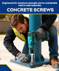 Worker using power drill with Three Eighth Inch By Three Inch Large Diameter Concrete Screw 25 Pack Beefy Heavy Duty Concrete Anchors