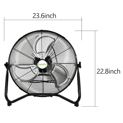 Front view of 20 Inch High Velocity Floor Fan With 3 Speeds Beast Mode Heavy Duty Industrial Metal Fan showing dimensions.