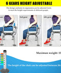 Heavy Duty Shower Chair Bath Seat With Padded Armrests Non Slip Feet Tool Free Assembly Six Stage Height Adjustment Supports Up To 350 Lbs Durable Bath Stool For Elderly Or Rehab Easy Setup Rust Resistant Aluminum Frame demonstrating height adjustment.