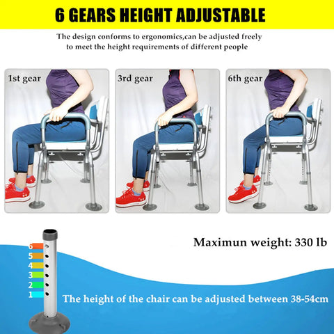 Heavy Duty Shower Chair Bath Seat With Padded Armrests Non Slip Feet Tool Free Assembly Six Stage Height Adjustment Supports Up To 350 Lbs Durable Bath Stool For Elderly Or Rehab Easy Setup Rust Resistant Aluminum Frame demonstrating height adjustment.