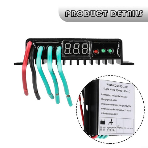 Rugged Wind Turbine Controller 500/800W With Overcharge Protection IP67, 12V/24V Compatible, front display and wiring detail.