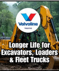 Excavator in use with Valvoline logo, promoting longer life for excavators, loaders, and fleet trucks in a forest setting.