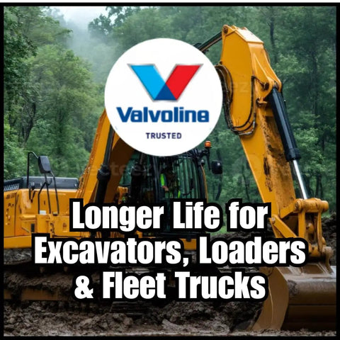 Yellow excavator in a forested area with Valvoline logo promoting longer life for excavators, loaders, and fleet trucks.