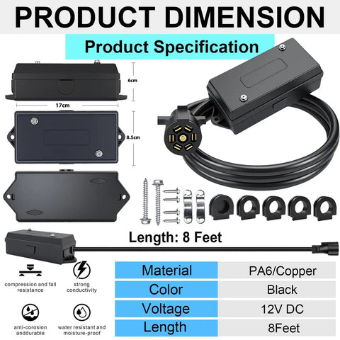 Product dimensions of 7 Pin Trailer Wiring Harness Kit with 8 Feet Heavy Duty 7 Way Cord Pigtail and Waterproof 7 Gang Junction Box