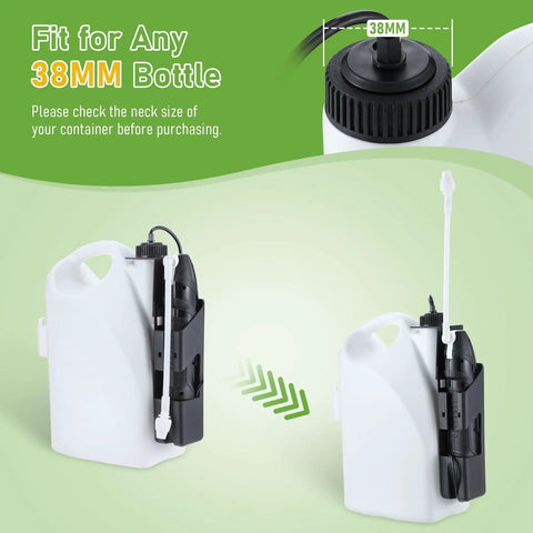 Battery Powered Sprayer Wand With Holster, Foldable Nozzle, Fits 38mm Cap 1 Gallon Jugs displayed on green background.