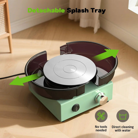 Alldeer mini pottery wheel kit, top-view of 6-inch two-way turntable on green metal base with detachable splash tray.