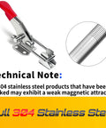 2 Pack Adjustable 304 Stainless Steel Toggle Latch Clamp With Quick Release showing technical note on steel properties