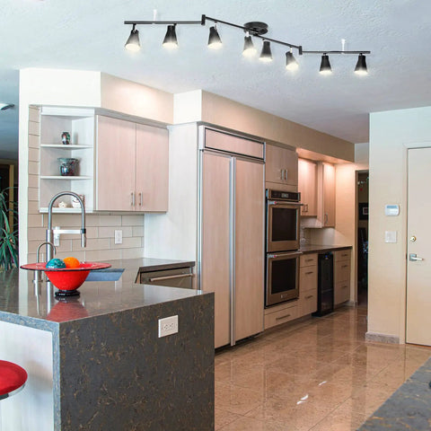 Dope Flexible Track Lighting Fixture With Foldable Arm And Eight Adjustable GU10 Heads installed in modern kitchen ceiling