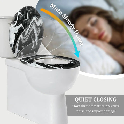 Elongated Resin Toilet Seat Universal Fit for Bathroom showing quiet closing feature and stylish black and white design.