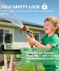 Child using hose with Four Zone Smart Sprinkler Timer with IP65 Waterproof Hose Timer No Fuss Auto And Manual Modes Child Lock