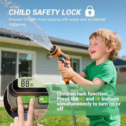 Child using hose with Four Zone Smart Sprinkler Timer with IP65 Waterproof Hose Timer No Fuss Auto And Manual Modes Child Lock