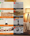Comparison highlighting features of Wood Tripod Floor Lamp With Shelves, Dimmable LED, premium linen shade, solid wood, and included bulb.