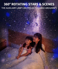 Mother and child under 360° rotating star scenes from 6 In 1 Planetarium Projector Night Light With Nebula Moon And Planets Aurora, 360 Rotating Focusable Star Projector Lamp For Baby And Kids Bedroom Ceiling, Game Room, Party Or Bar Vibe