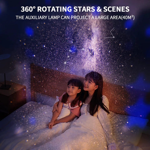 Mother and child under 360° rotating star scenes from 6 In 1 Planetarium Projector Night Light With Nebula Moon And Planets Aurora, 360 Rotating Focusable Star Projector Lamp For Baby And Kids Bedroom Ceiling, Game Room, Party Or Bar Vibe