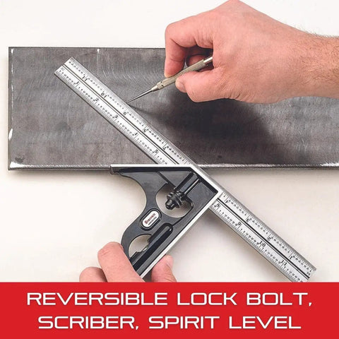 Person using 12 Inch Steel Combination Square with Square Head, Cast Iron Construction, Reversible Lock Bolt, Scriber, Spirit Level