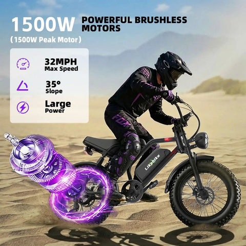 Rider on 1500W Peak Electric Fat Tire Mountain Bike For Adults With 32 MPH Top Speed in desert terrain