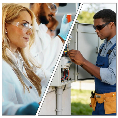 Badass Bulk Safety Glasses In A Massive 150 Pack Featuring Clear And Gray Lenses For Construction Lab Or Work Projects Lightweight Protective Eyewear worn by professionals.