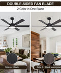 52 Inch Black Low Profile Ceiling Fan With Light And Remote, Dimmable LED, Flush Mount, dual-sided blades, indoor setting