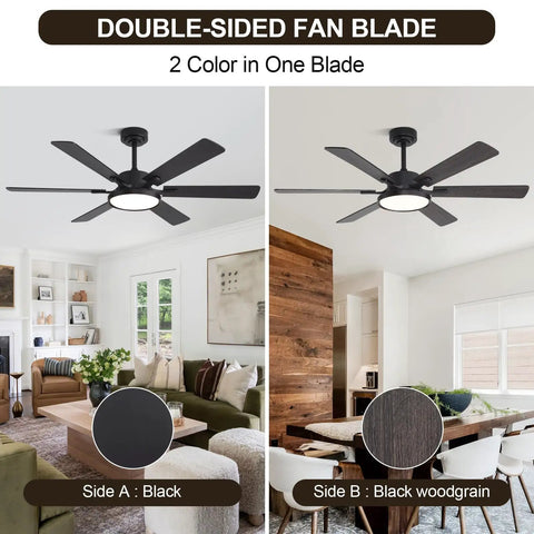 52 Inch Black Low Profile Ceiling Fan With Light And Remote, Dimmable LED, Flush Mount, dual-sided blades, indoor setting